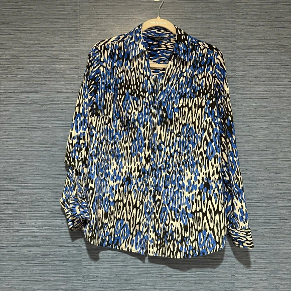 Talbots Nantucket Blue Black White Patterned Button Down Roll Tab Sleeve Large - Picture 1 of 6